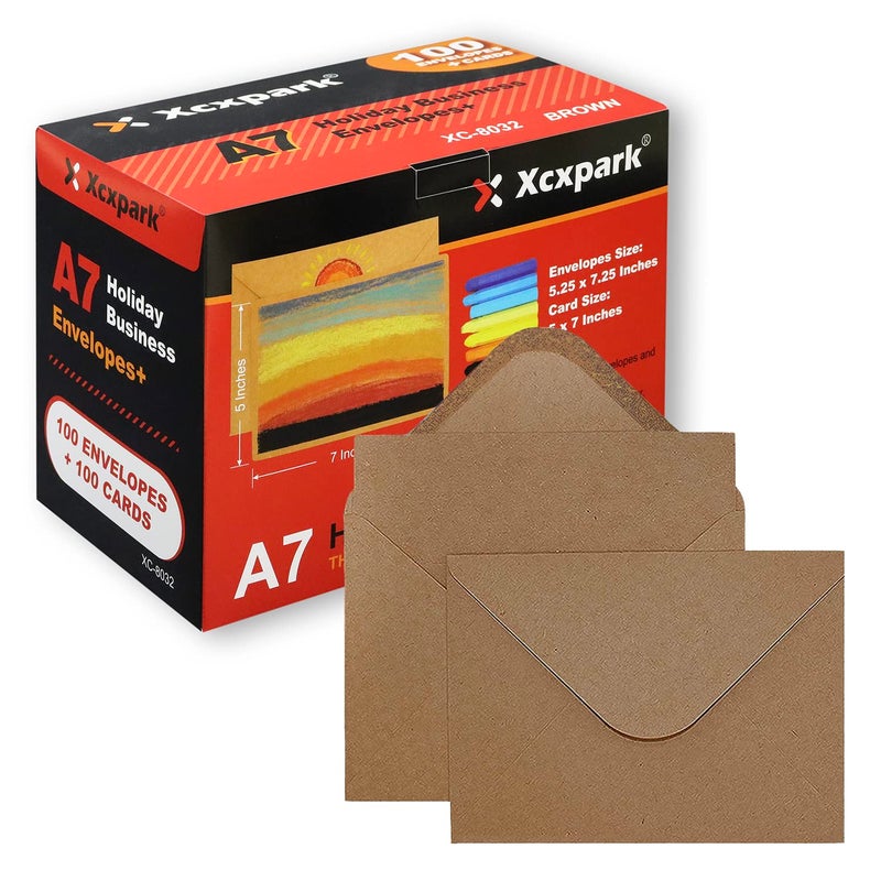 Xxcxpark أظرف دعوات قابلة للطباعة A7 بحجم 5.25 × 7.25 بوصة من Xxcxpark عدد 100 و بطاقات مسطحة عدد 100، أظرف ورق كرافت بني ذاتية الإغلاق بوزن 120 جرام للدعوات، الأوراق، الصور، الوثائق، الزفاف - Image 1